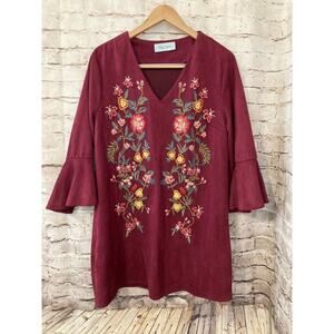 Lily Rain Dress Women Medium Maroon Red Boho Hippie Bell Sleeve Floral Embroided